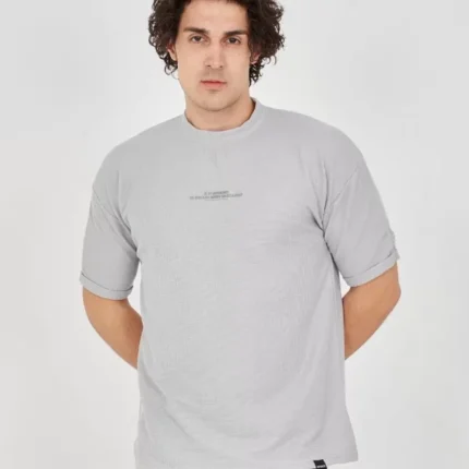 Unisex Waffle Kumaş Rahat Kol TShirt Boyalı Gri