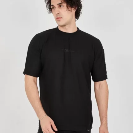 Unisex Waffle Kumaş Rahat Kol TShirt Siyah