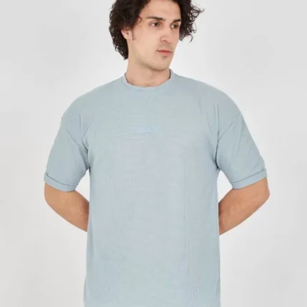 Unisex Waffle Kumaş Rahat Kol TShirt Buz Mavisi