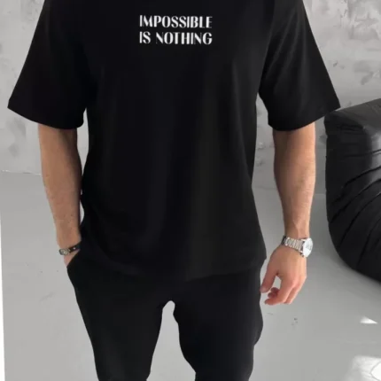 Unisex Bisiklet Yaka Baskılı Oversize TShirt Siyah