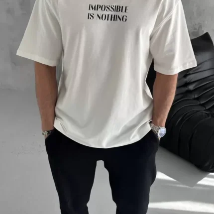 Unisex Bisiklet Yaka Baskılı Oversize TShirt Beyaz
