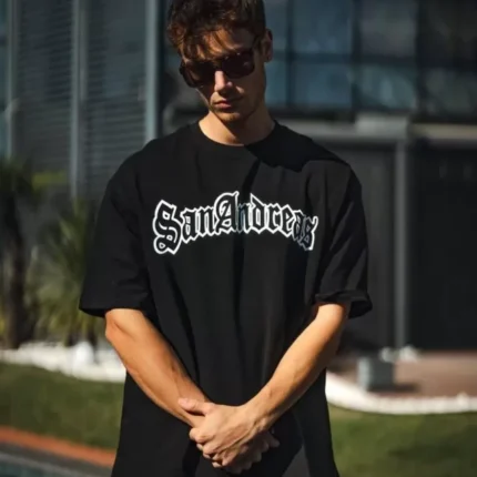 Unisex Bisiklet Yaka Baskılı Oversize TShirt Siyah