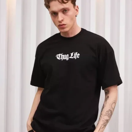 Unisex Bisiklet Yaka Baskılı Oversize TShirt Siyah