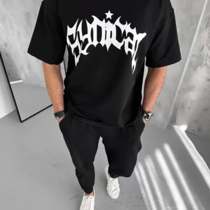 Unisex Bisiklet Yaka Baskılı Oversize TShirt Siyah