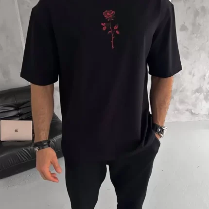 Unisex Bisiklet Yaka Baskılı Oversize TShirt Siyah