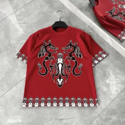 Unisex Bisiklet Yaka Baskılı Oversize TShirt Kırmızı