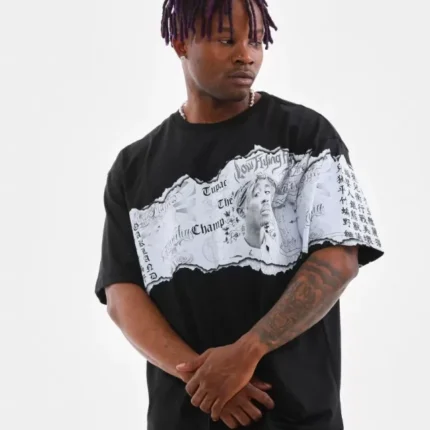 Unisex Bisiklet Yaka Baskılı Oversize TShirt Siyah
