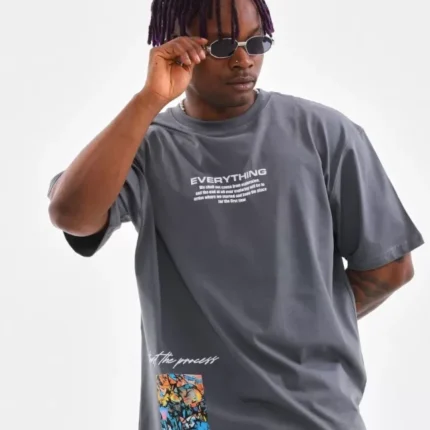 Unisex Bisiklet Yaka Baskılı Oversize TShirt Gri