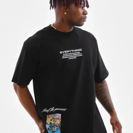 Unisex Bisiklet Yaka Baskılı Oversize TShirt Siyah