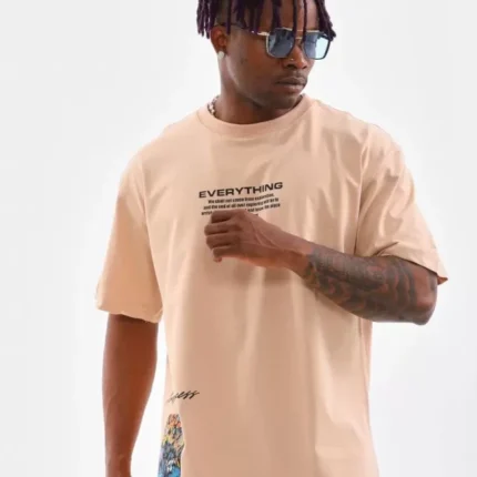 Unisex Bisiklet Yaka Baskılı Oversize TShirt Bej