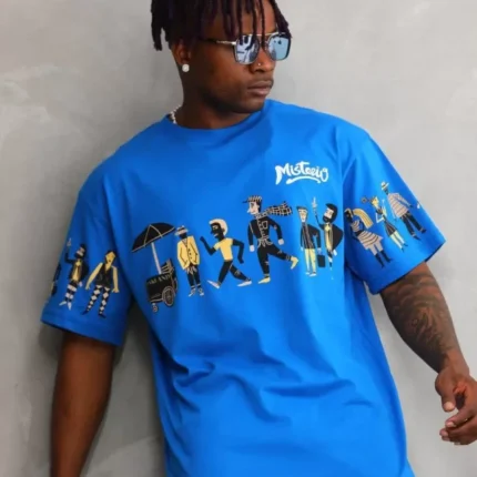 Unisex Bisiklet Yaka Baskılı Oversize TShirt Mavi