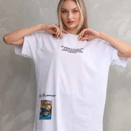 Unisex Bisiklet Yaka Baskılı Oversize TShirt Beyaz