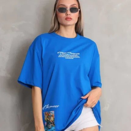 Unisex Bisiklet Yaka Baskılı Oversize TShirt Mavi