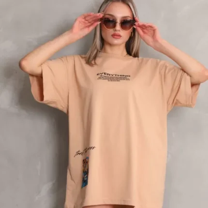 Unisex Bisiklet Yaka Baskılı Oversize TShirt Bej
