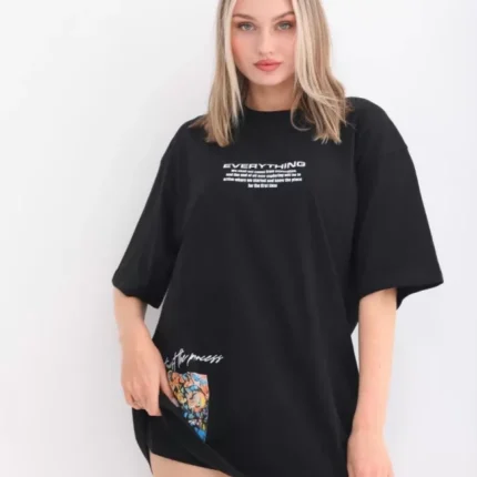 Unisex Bisiklet Yaka Baskılı Oversize TShirt Siyah