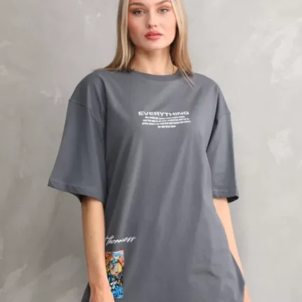 Unisex Bisiklet Yaka Baskılı Oversize TShirt Gri