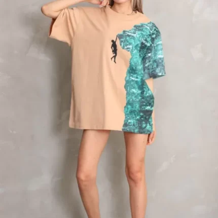 Unisex Bisiklet Yaka Baskılı Oversize TShirt Bej