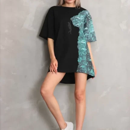 Unisex Bisiklet Yaka Baskılı Oversize TShirt Siyah