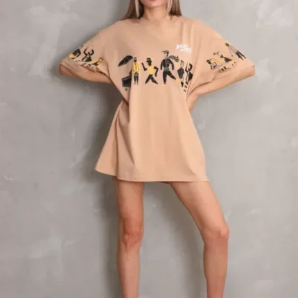 Unisex Bisiklet Yaka Baskılı Oversize TShirt Bej