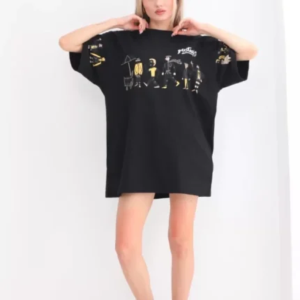 Unisex Bisiklet Yaka Baskılı Oversize TShirt Siyah