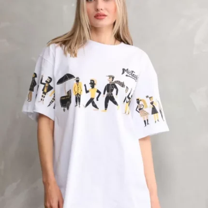 Unisex Bisiklet Yaka Baskılı Oversize TShirt Beyaz