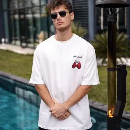 Unisex Bisiklet Yaka Baskılı Oversize TShirt Beyaz