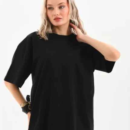 Unisex Bisiklet Yaka / Düz Oversize TShirt Siyah