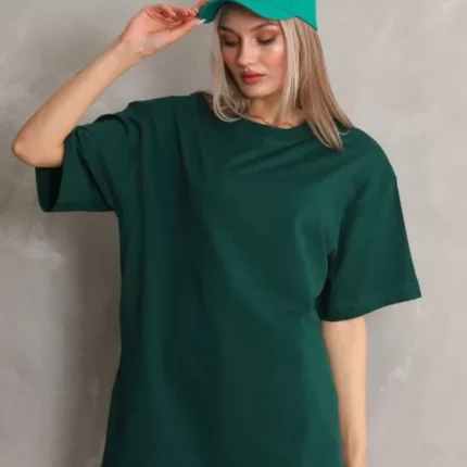 Unisex Bisiklet Yaka / Düz Oversize TShirt Yeşil