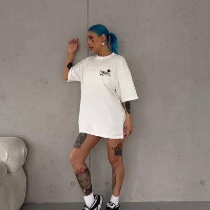 Unisex Bisiklet Yaka Baskılı Oversize TShirt Beyaz