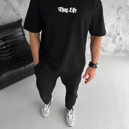 Unisex Bisiklet Yaka Baskılı Oversize TShirt Siyah