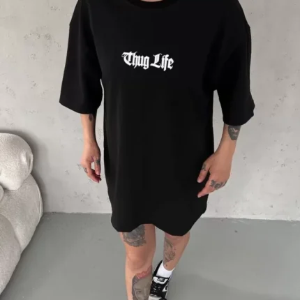 Unisex Bisiklet Yaka Baskılı Oversize TShirt Siyah
