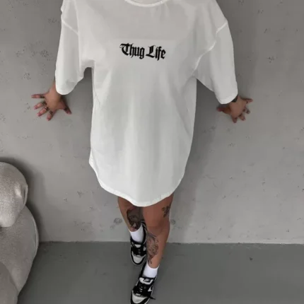 Unisex Bisiklet Yaka Baskılı Oversize TShirt Beyaz