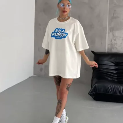 Unisex Bisiklet Yaka Baskılı Oversize TShirt Beyaz