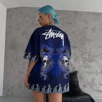 Unisex Bisiklet Yaka Baskılı Oversize TShirt Lacivert