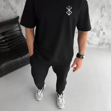 Unisex Bisiklet Yaka Baskılı Oversize TShirt Siyah
