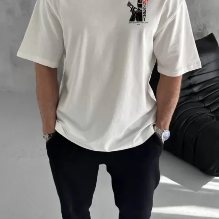 Unisex Bisiklet Yaka Baskılı Oversize TShirt Beyaz