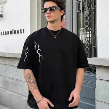 Unisex Bisiklet Yaka Baskılı Oversize TShirt Siyah