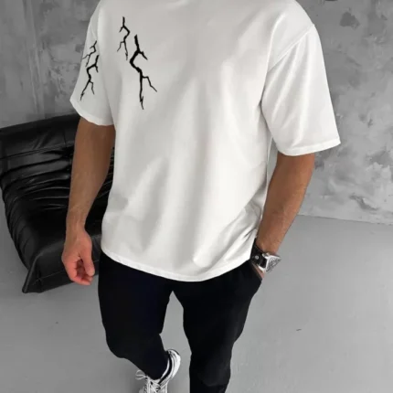 Unisex Bisiklet Yaka Baskılı Oversize TShirt Beyaz