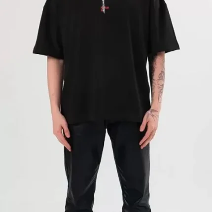 Unisex Bisiklet Yaka Baskılı Oversize TShirt Siyah
