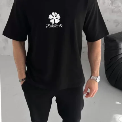 Unisex Bisiklet Yaka Baskılı Oversize TShirt Siyah