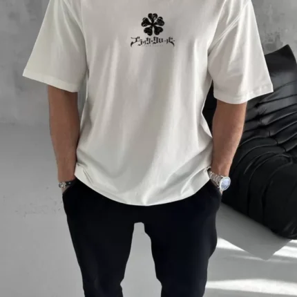 Unisex Bisiklet Yaka Baskılı Oversize TShirt Beyaz
