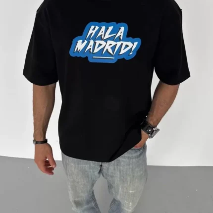Unisex Bisiklet Yaka Baskılı Oversize TShirt Siyah