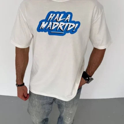 Unisex Bisiklet Yaka Baskılı Oversize TShirt Beyaz