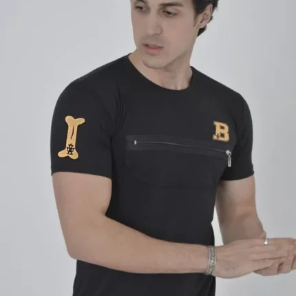 Unisex Göğüs Fermuarlı Baskılı TShirt Siyah