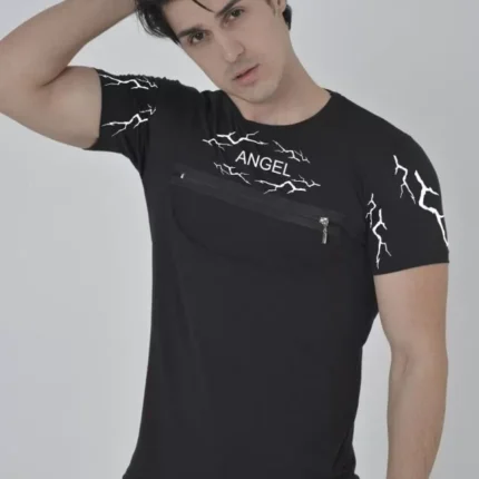 Unisex Göğüs Fermuarlı Baskılı TShirt Siyah
