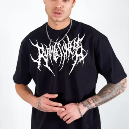 Unisex Bisiklet Yaka Baskılı Oversize TShirt Siyah