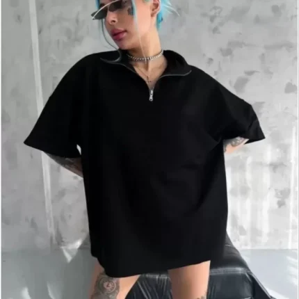 Unisex Yarım Fermuarlı Düz Oversize TShirt Siyah