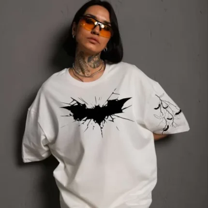 Unisex Ön Ve Kol Baskılı Oversize Tshirt Beyaz