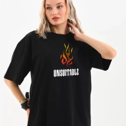 Unisex Bisiklet Yaka Baskılı Oversize TShirt Siyah