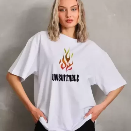 Unisex Bisiklet Yaka Baskılı Oversize TShirt Beyaz